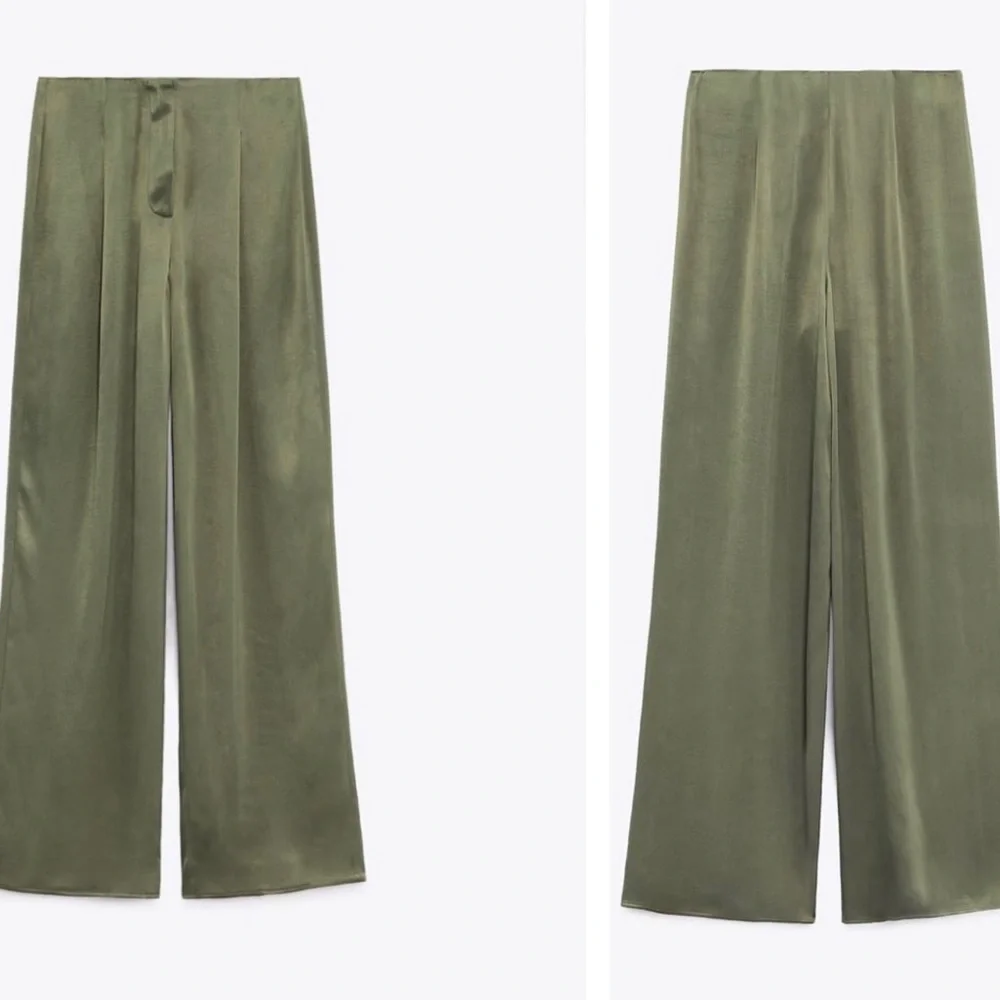 ZARA khaki green full length high waisted pleated wide leg satin effect pants M - Picture 3 of 13